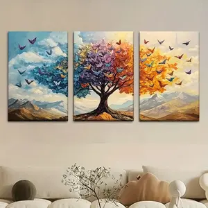 Premium 3-Piece Tree & Butterfly Wall Art – Luxury Wooden Sticky Tile Frame Collection