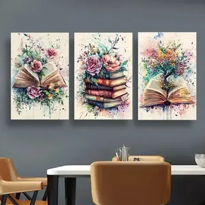 Premium 3-Piece Botanical Books Wall Art – Luxury Watercolor Wooden Sticky Tile Frame Collection
