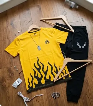 Men's Dri-Fit Printed Track Suit 2-Piece Set – Yellow & Black Athletic Sportswear