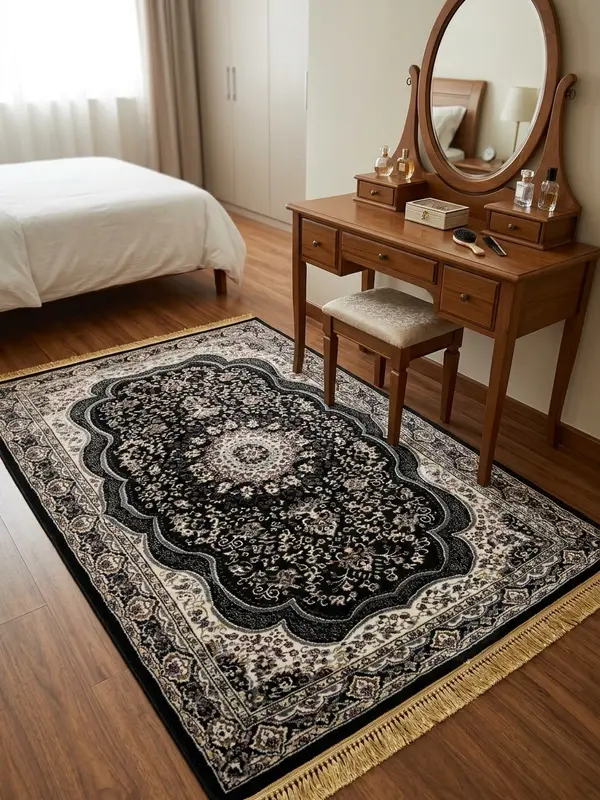 Traditional Black & Cream Medallion Area Rug – 100cm x 150cm