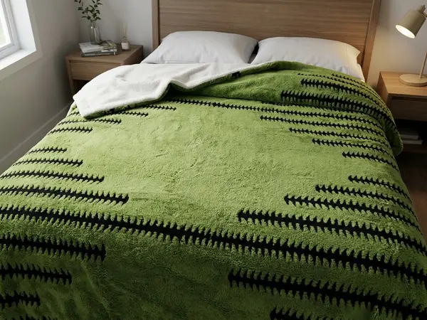 Green Sherpa Fleece Throw Blanket with Black Striped 220cm x 240cm