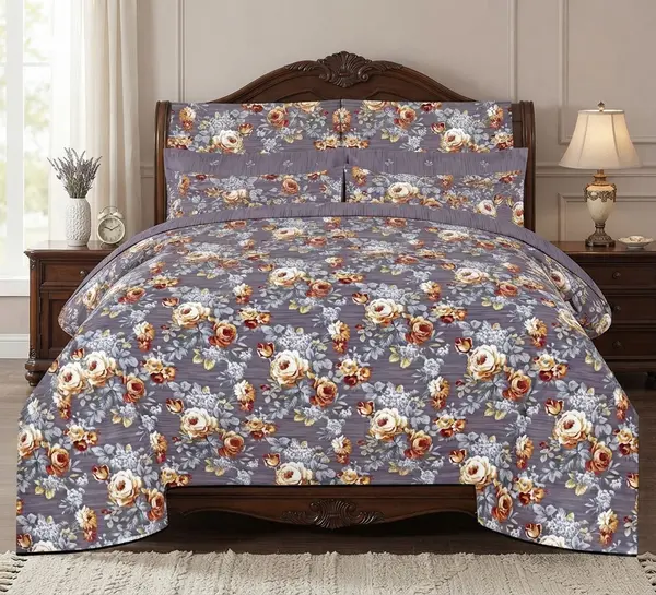 Super King Grey Bed Sheet with 4 Pillow Covers
