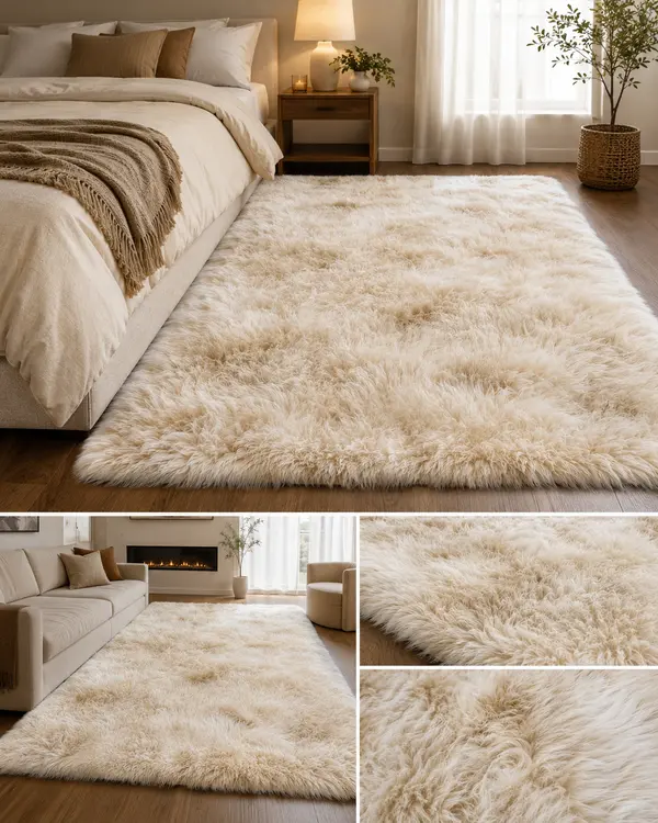 Luxury Cream Ultra-Soft Faux Fur Shag Area Rug – Cozy Elegance for Modern Homes