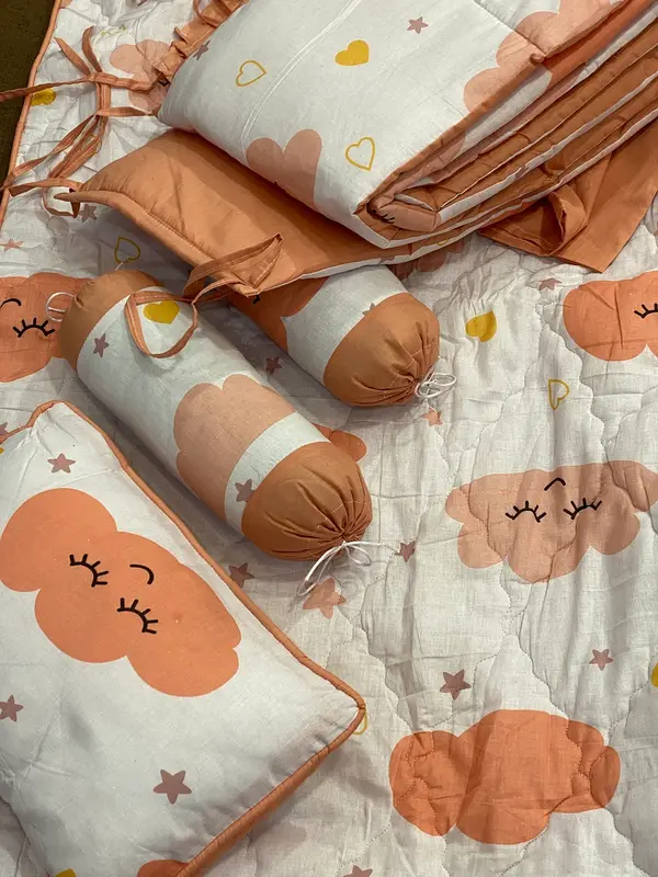 Baby Cot Set Peach Clouds- Crib Bedding for New Born