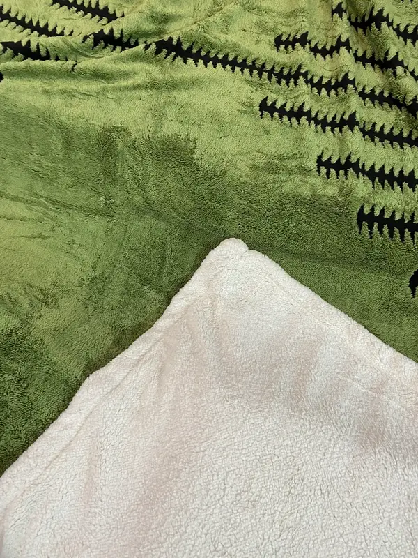 Green Sherpa Fleece Throw Blanket with Black Striped 220cm x 240cm