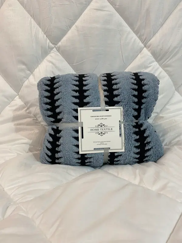 Blue Sherpa Fleece Throw Blanket with Black Striped 220cm x 240cm