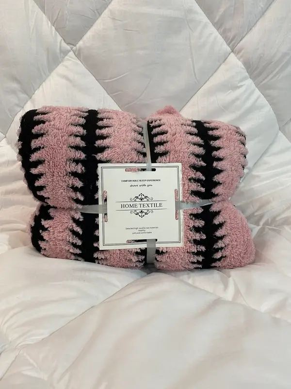 Pink Sherpa Fleece Throw Blanket with Black Striped 220cm x 240cm