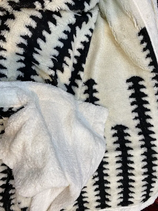 White Sherpa Fleece Throw Blanket with Black Striped 220cm x 240cm