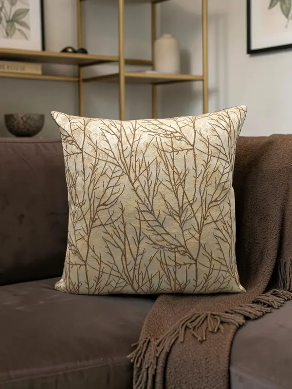 Off-White & Gold Textured Tree Branch Sofa Cushion Cover – 16x16 Inches