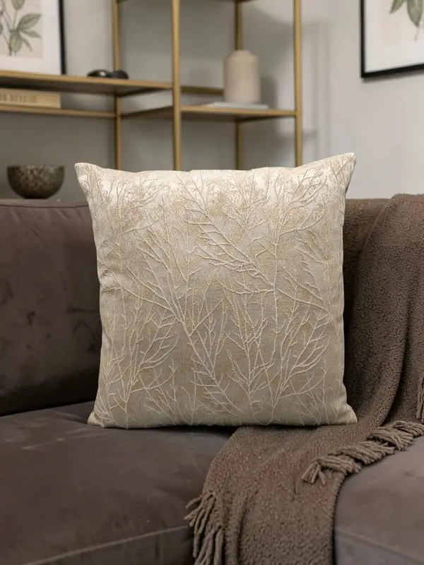 Off-White & Gold Textured Tree Branch Sofa Cushion Cover – 16x16 Inches