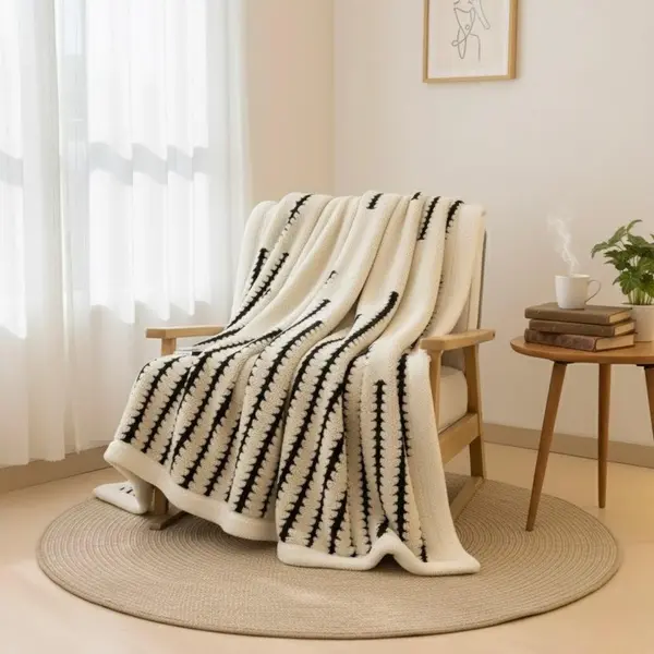White Sherpa Fleece Throw Blanket with Black Striped 220cm x 240cm