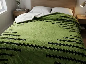 Green Sherpa Fleece Throw Blanket with Black Striped 220cm x 240cm