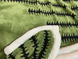 Green Sherpa Fleece Throw Blanket with Black Striped 220cm x 240cm