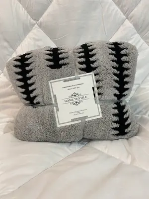 Grey Sherpa Fleece Throw Blanket with Black Striped 220cm x 240cm