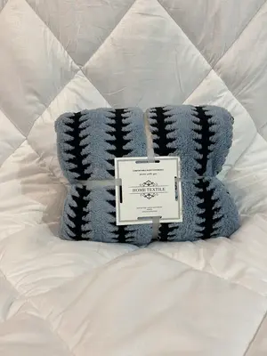 Blue Sherpa Fleece Throw Blanket with Black Striped 220cm x 240cm