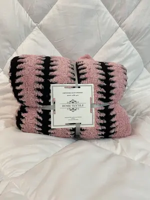 Pink Sherpa Fleece Throw Blanket with Black Striped 220cm x 240cm