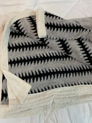 Grey Sherpa Fleece Throw Blanket with Black Striped 220cm x 240cm
