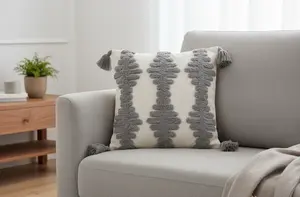 Heavy Embossed Grey Cushion Covers with Tassal