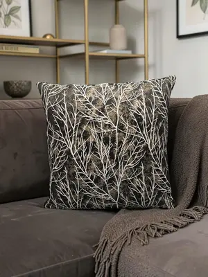 Off-White & Gold Textured Tree Branch Sofa Cushion Cover – 16x16 Inches