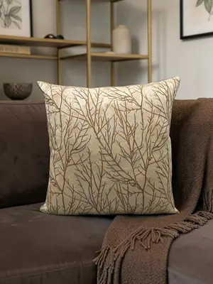 Off-White & Gold Textured Tree Branch Sofa Cushion Cover – 16x16 Inches