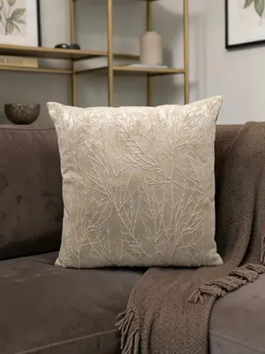 Off-White & Gold Textured Tree Branch Sofa Cushion Cover – 16x16 Inches
