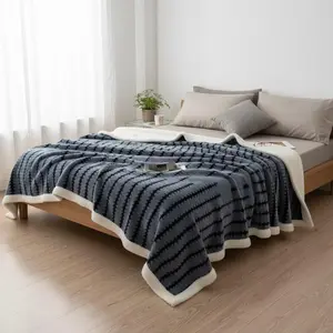 Grey Sherpa Fleece Throw Blanket with Black Striped 220cm x 240cm