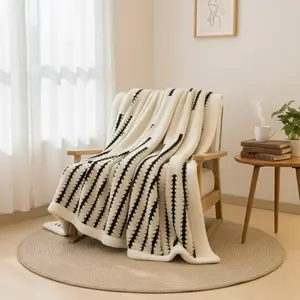 White Sherpa Fleece Throw Blanket with Black Striped 220cm x 240cm